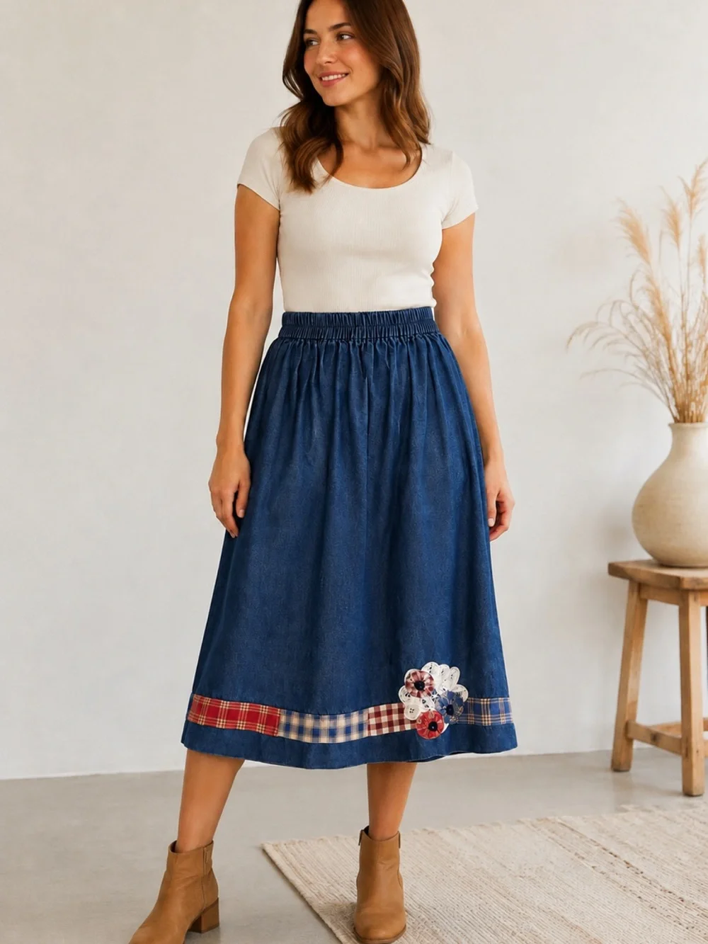 Vintage Denim Midi Skirt Sz M Elastic Waist Plaid Floral Appliqué Boho Western